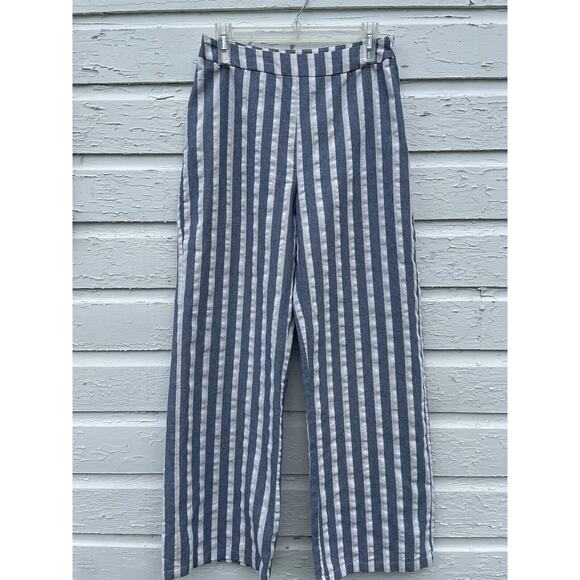 Pink Lily Pants Women L W:30 Blue Linen Striped Wide Leg Beach Coastal Swishy - Picture 1 of 5